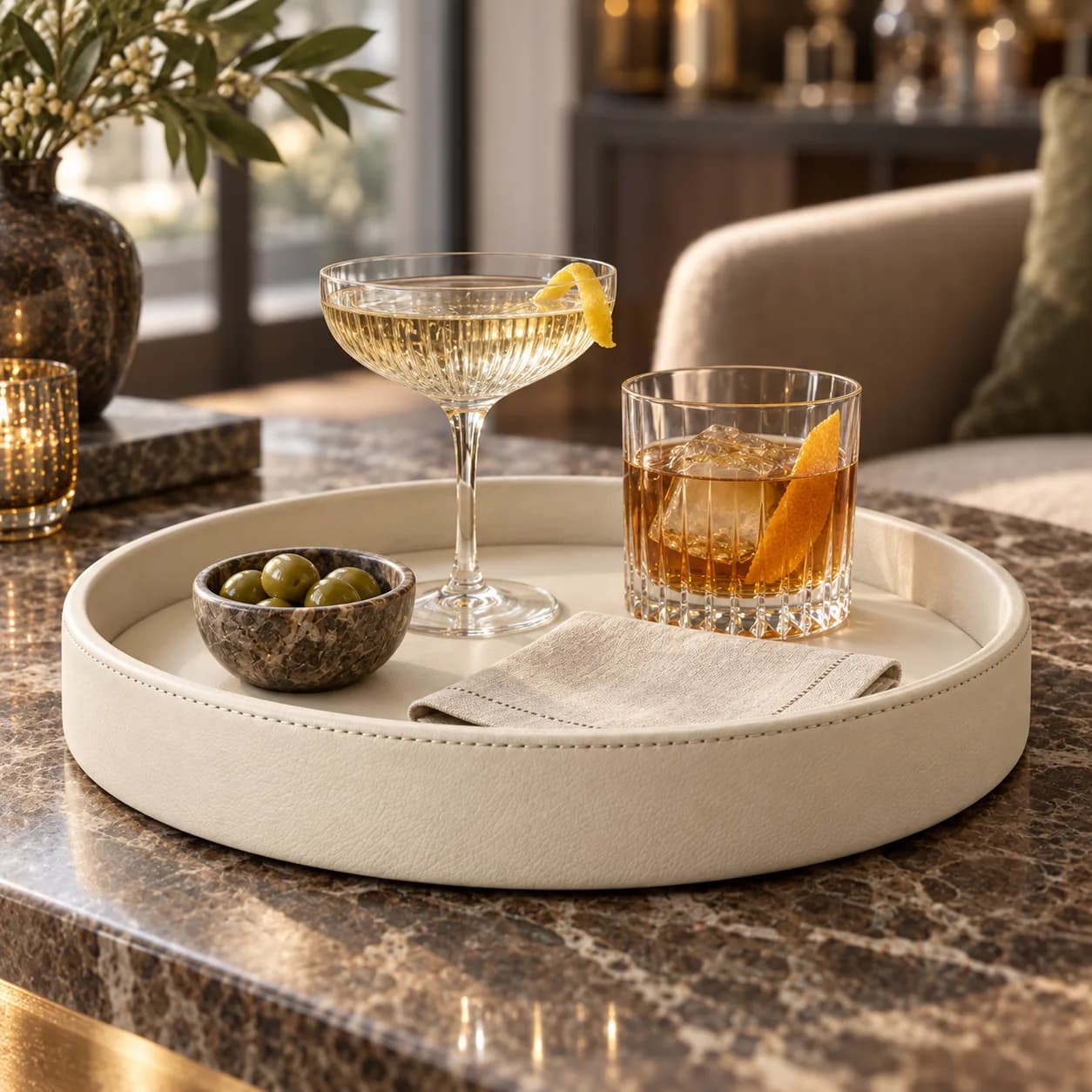 Round Leather Serving Tray 35 cm