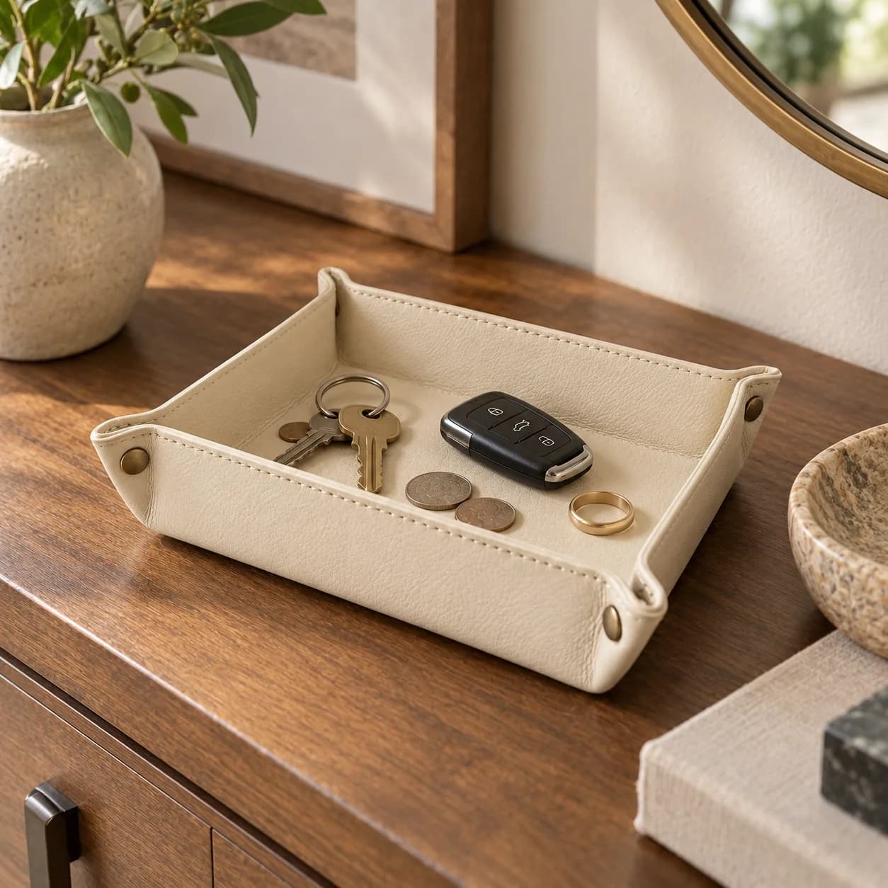 Foldable Leather Valet Tray 18x18 cm