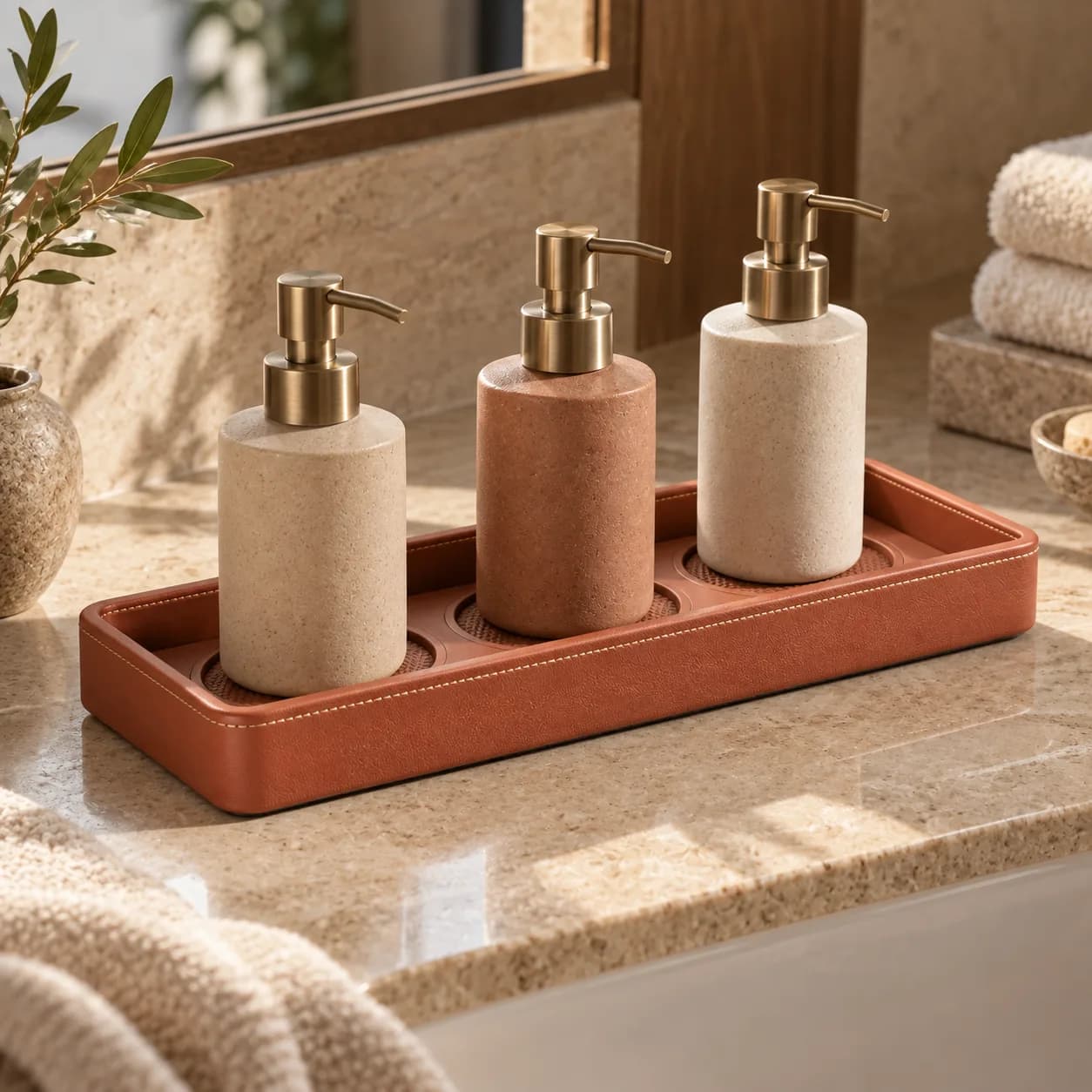 Amenity Tray for Three Refillable Pump Bottles