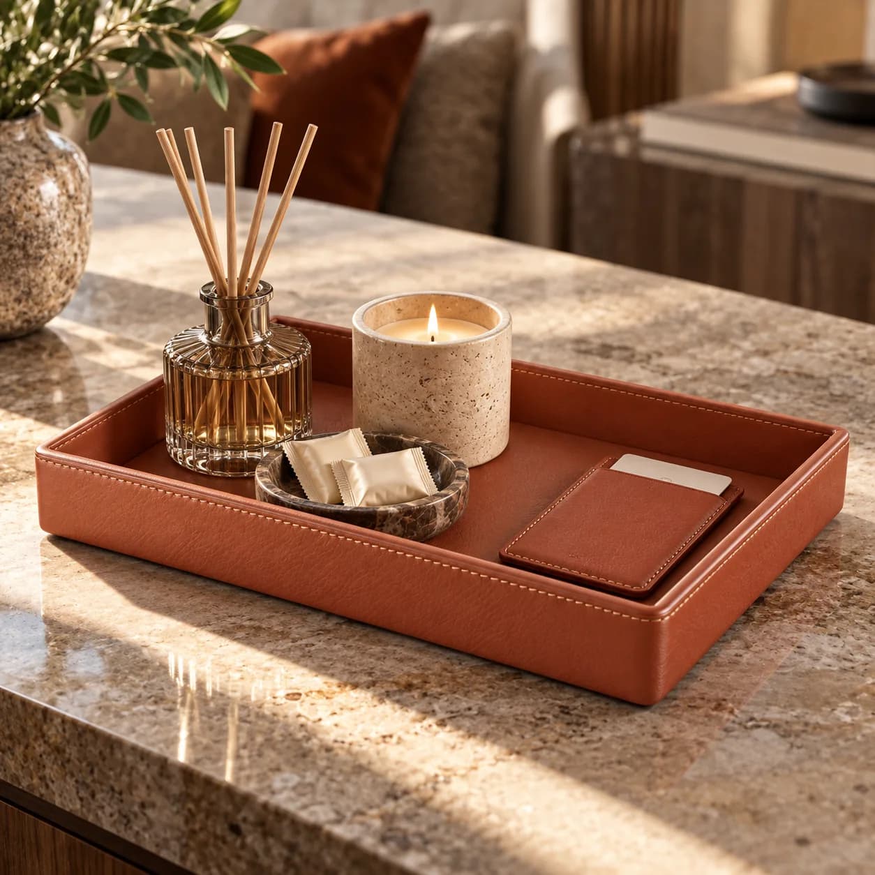 Full Grain Amenity Tray with Foil Logo for Suites