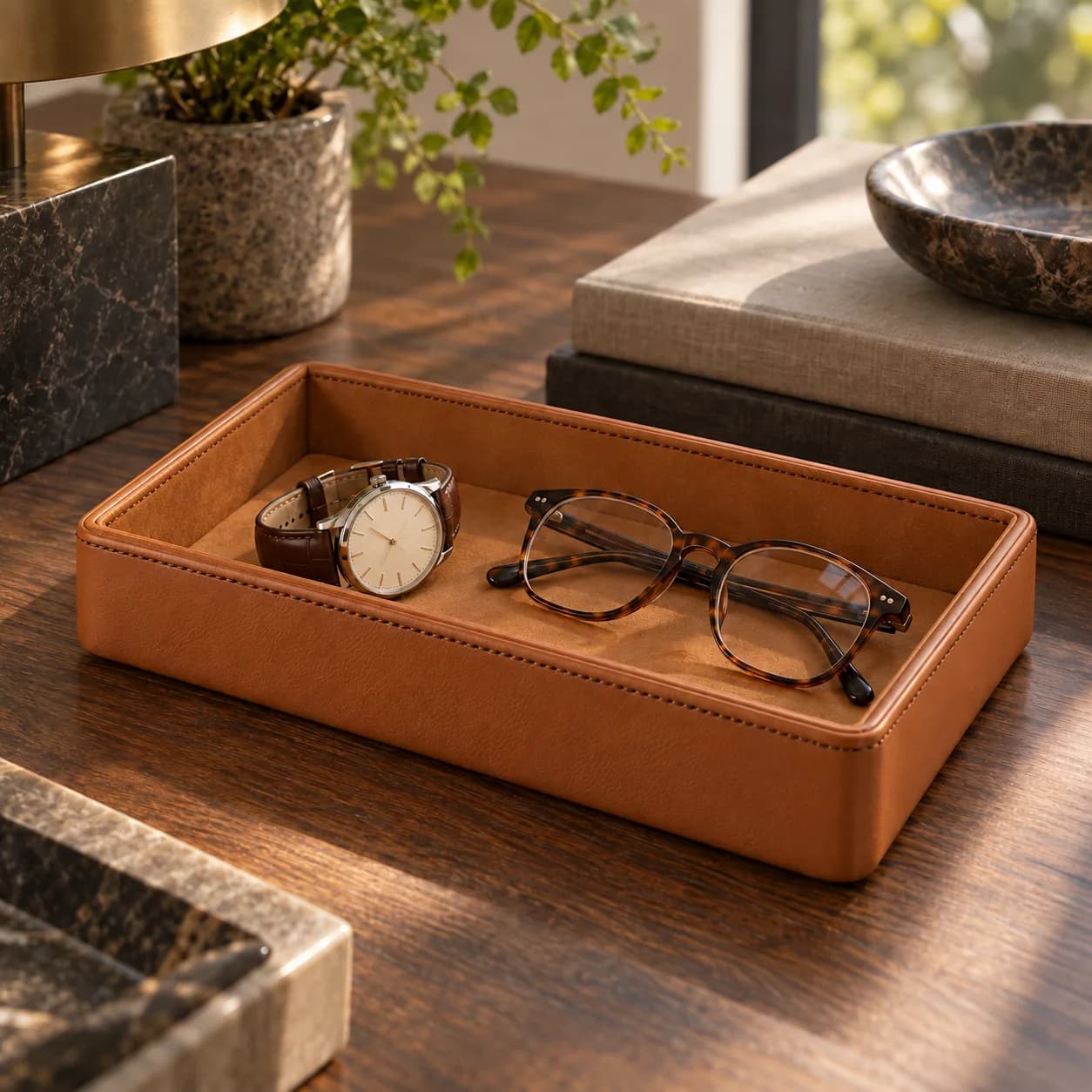 Nubuck Lined Tray for Watches and Glasses